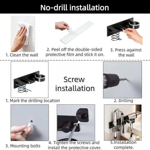 Hair Dryer Holder Wall Mounted Blow Dryer Holder Curling Iron Holder Straightener Holder 3 in 1 Bathroom Metal Hair Tool Organizer Rack（Matte Black） - color: Black