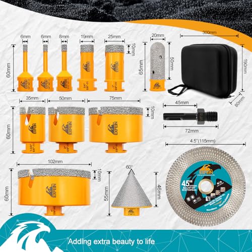 Tile Hole Saw Kit 13pcs - 6/6/8/19/25/35/50/75/102mm Diamond Core Drill Bits, 4/5 Inch Milling Bit + 2 Inch Chamfer Bit + Adapter + 4.5 Inch Grinding & Cutting Disc for Tile Marble Granite - size: Set 2