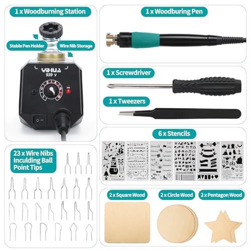 YIHUA 939-V Wood Burning Pen Wood Burning Kit with 23 Wire Nibs, Detachable Wood Burning Pen, 6 Wood Pieces, 6 Stencils, Tweezers Used as Wood Burning Tool