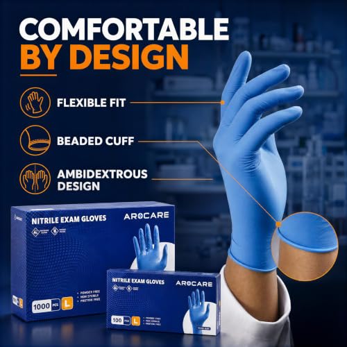 AroCare Nitrile Exam Gloves, 4 Mil, Powder-Free, Latex-Free, 1,000 Count - size: Small