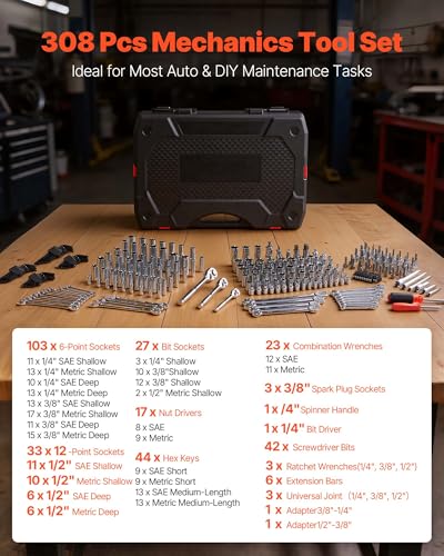 VEVOR Mechanics Tool Set, 308-Piece Mechanic Tool Kit, 1/4 in, 3/8 in, and 1/2 in Drive, SAE and Metric Socket Set, Wrenches, Screwdriver Bits, Accessories, and Storage Case, for Automotive Repair - size: 308-PCS