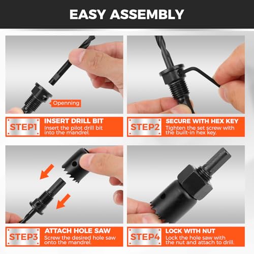HORUSDY 8PCS Hole Saw Kit, 1"–2-1/8" (25–54mm), with 2 Pcs Drill Bits, Mandrel & Hex Key, Smooth Cut, DIY-Friendly Set for Soft Wood, Plywood, PVC - style: 8-Piece Starter Kit (Up to 2-1/8")