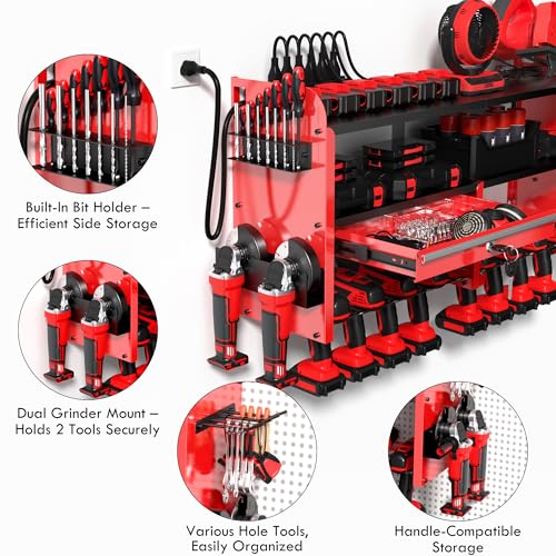 KSVO Power Tool Organizer Wall Mount, Locking Drawers, Charging Shelf, Red - color: Red