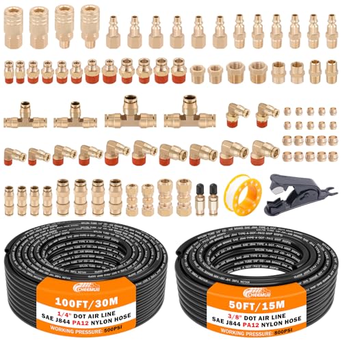 CheeMuii 86 Pcs Brass DOT Air Line Fittings with 1/4" & 3/8" DOT Air Hoses - size: 2ROLL-90PCS