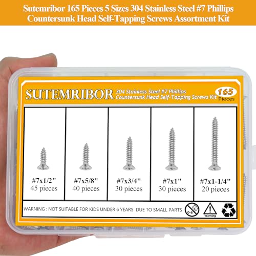 165 Pieces #7 x 1/2" 5/8" 3/4" 1" 1-1/4" Wood Screws Set, Phillips Countersunk Head #7 Self-Tapping Screws Assortment Kit, 304 Stainless Steel - size: #7, style: Phillips Countersunk Head