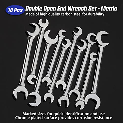 Mini Double Open End Wrench Set Metric 10 Pcs 4mm to 11mm with Portable Storage Pouches Mirror Chrome Finish Super Thin Open Ended Spanner Double Angle Head for Small Fasteners - style: Metric (Double Open End)