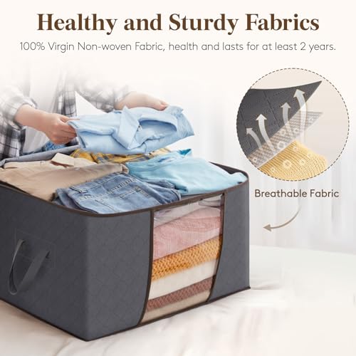 Lifewit 6 Pack Clothes Storage Bins with Lids, Foldable Blanket Storage Bags with Zippers, Clear Window and Reinforced Handles, Closet and Organization for Clothing, Sweater, Comforter, Bedding - size: 60L