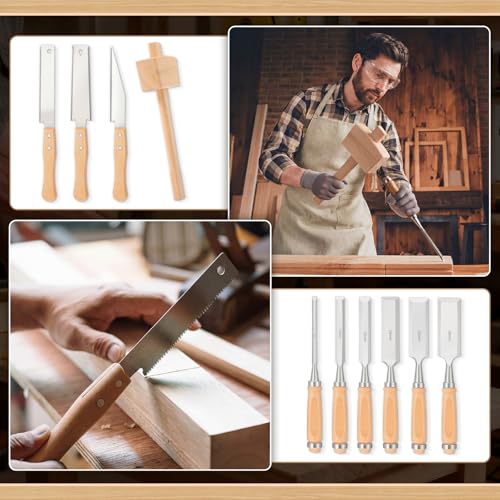 10 Pcs Woodworking Tools Set, Includes 6 Wood Chisel CR-V Steel Beveled Blades (1/4", 1/2", 3/4", 1", 1 1/4", 1 1/2"), 3 Japanese Hand Saws SK5 Blade & Solid Beech Mallet for Carpenter DIY