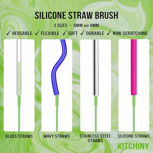 Kitchiny Silicone Bottle Brush 12.5 inch with 2 Straw Cleaners – Green | Bottle Cleaner Brush for Yeti, Hydro Flask, Owala, Stanley, Baby Bottles, Vases & Narrow Neck Containers - color: Green