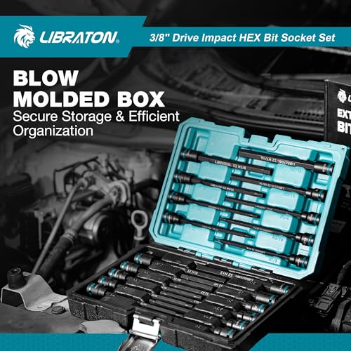 LIBRATON 3/8" Drive Long Impact Hex Bit Socket Set, Allen Bit Sockets | S2 Steel Hex Head Sockets, 20PCS Allen Wrench Socket, SAE&Metric Allen Bit Socket Set, 6" Long Allen Key Socket