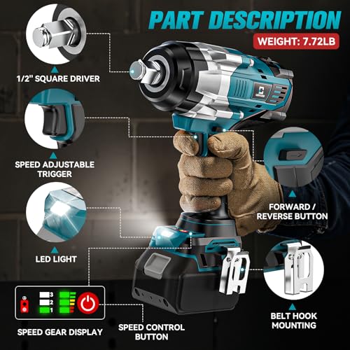 Cordless Impact Wrench 1/2 inch Compatible with Makita Battery: 1700FT-LBS High Torque Impact Wrench Heavy Duty Tool - Brushless Electric Impact Gun Includes LED Work Light - Bare Tool Only - size: 1/2inch, style: Compatible with Makita