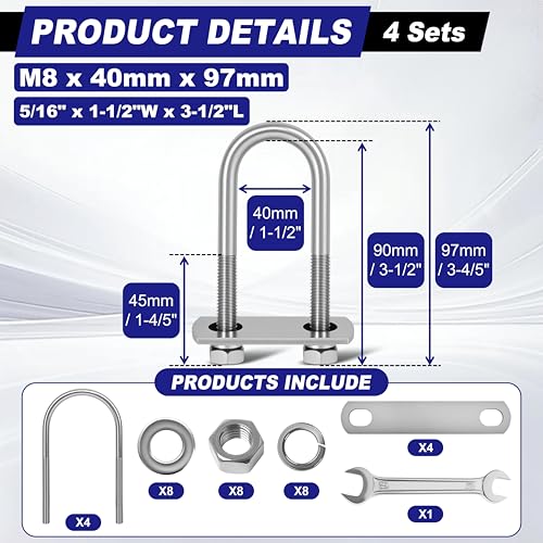 4 Sets M8 U Bolts 1-1/2 Inch Wide, 5/16" x 1-1/2"W x 3-1/2"L - size: M8 x 40mm x 97mm