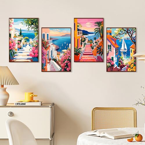 4 Pack Paint by Numbers Kit for Adults with Frame, Seaside Town Landscape - color: OP4FUS2506-05