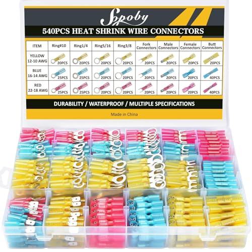 540PCS Marine Grade Heat Shrink Wire Connectors of Tinned Red Copper | Electrical Connectors Kit, AWG 22-10 Waterproof Crimp Connectors Terminals Insulated Ring Fork Spade Butt Splices