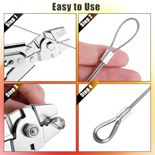 Cyrico 328FT Wire Rope Crimping Tool Kit, 1/16" Stainless Steel Cable with Cutter, Heavy Duty Crimper, 210 PCS Aluminum Crimp Loop Sleeves, 50CS Thimbles, Gloves for Railing, String Lights, Fishing