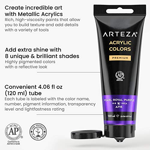 ARTEZA Metallic Acrylic Paint Set, 8 Vibrant Colors, 4.06 oz High-Viscosity - style: 8 x 120ml (4.06 fl oz) Vibrant Essentials