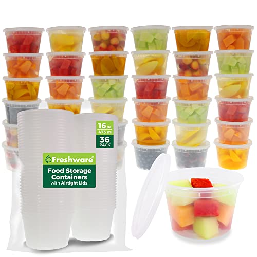 Freshware Food Storage Containers [36 Set] 16 oz Plastic Deli Containers with Lids, Slime, Soup, Meal Prep Containers | BPA Free | Stackable | Leakproof | Microwave/Dishwasher/Freezer Safe - color: Clear, size: 16 oz - 36 Sets