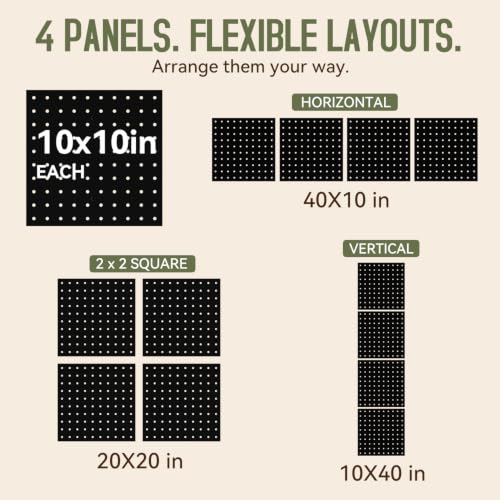 Magnetic Metal Pegboard Wall Organizer Kit, 4 Pack 10 x 10 in Panels Black - color: Black, size: 10"×10" - 4 Pcs