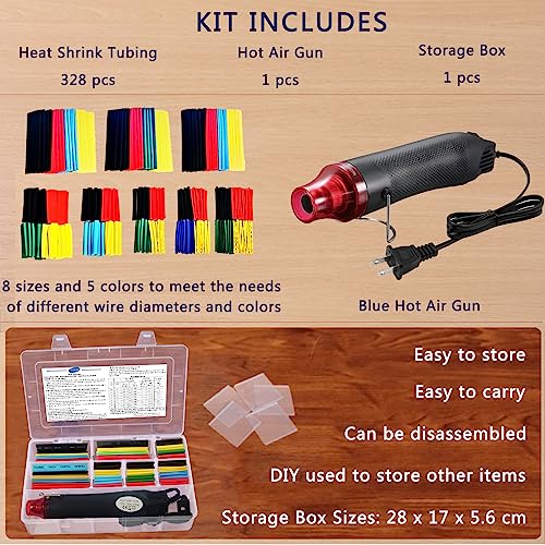 Wire Heat Shrink Tubing Kit + Mini Heat Gun for Shrink Tubing - 328pcs 2:1 Wire Shrink Wrap Tubing + 300W Heat Shrink Gun with Case - for Wires,Shrink Wrap and Cable Repair. - size: Shrink Ratio 2:1 & with case