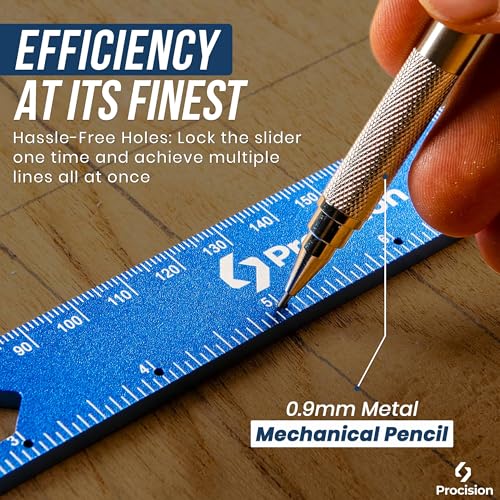 ELEON Precision Woodworking Ruler, Set of 3 (12, 8, 6 Inch) - Precise Woodworking Pocket Tool with Extra Wide 2" Sliding Attachment - Slide T-Square Scribing Kit Plus Mechanical Pencil - Aluminium