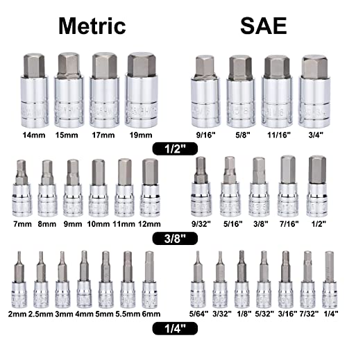 Mayouko 33PCS Master Hex Allen Bit Socket Set, S2 & Cr-V Steel, SAE and Metric, 5/64-Inch to 3/4-Inch, 2mm to 19mm