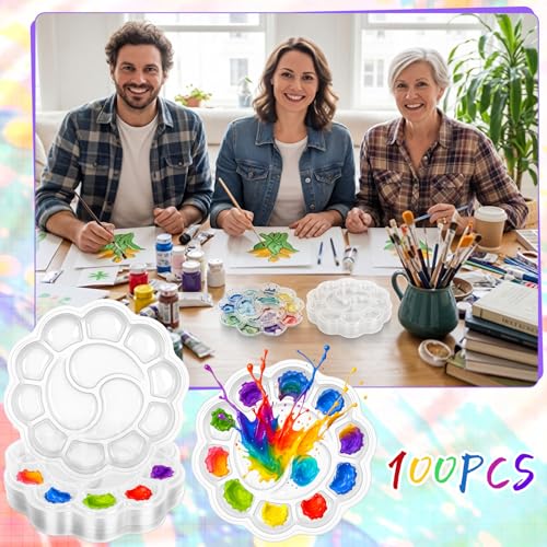 100 Pcs Large Clear Plum Blossom Paint Tray Palette Disposable Watercolor Palette Acrylic Pallet Color Mixing Tray for Painting Party Oil Watercolor Craft Supplies DIY Art Painting - style: Plum Blossom 13 Square