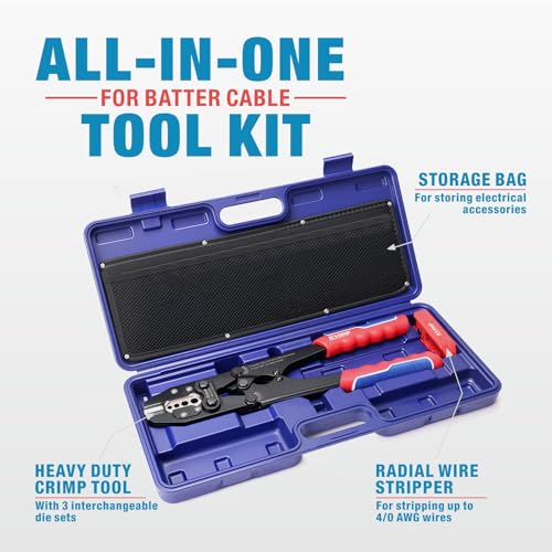 iCrimp Battery Cable Lug Crimping Tool Kit for 8, 6, 4, 2, 1,1/0, 2/0, 3/0, 4/0 AWG Copper Ring Terminals, Battery Cable Ends, Copper Splice, c/w Radial Wire Stripper - size: AWG8-4/0