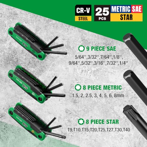 SK Folding Allen Wrenches Sets, Metric/SAE/Star Hex Key Set, CR-V Steel