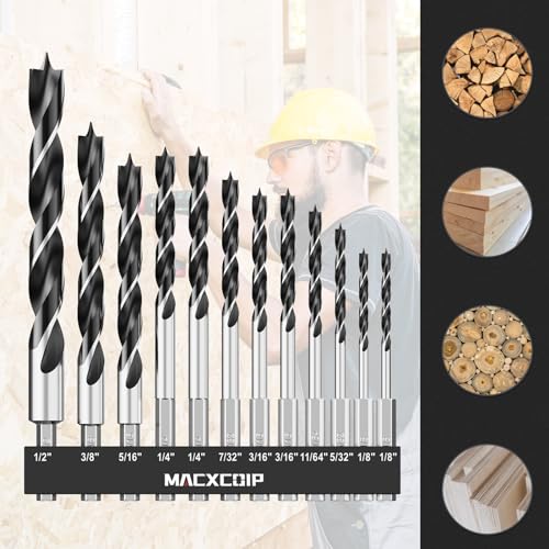 12Pcs (1/8" - 1/2") Hex Shank Brad Point Wood Drill Bit Set - size: Hex Shank (1/8"-1/2") - 12pcs