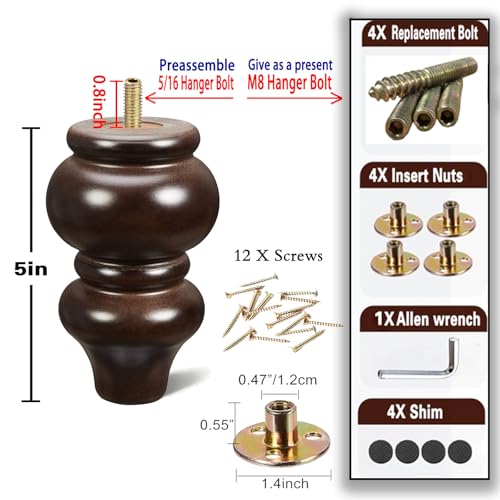 SHANJUE 5 Inch Sofa Legs Wood Round Furniture Feet for Chair & Bed, 4 Pack - size: 5 inch
