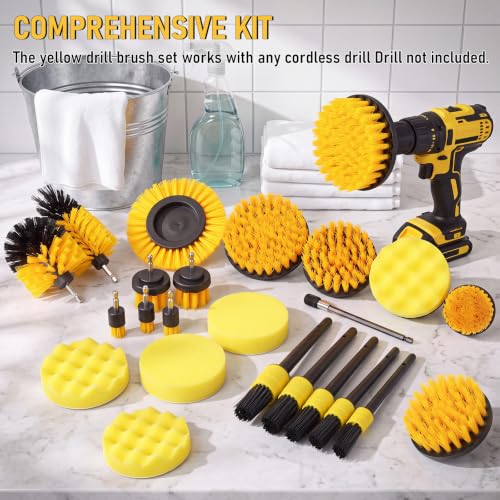 28 Pack Drill Brush Attachment Set, Power Scrub Brushes Extend Long Reach Tools for Grout, Floor, Tub, Bathroom and Kitchen Surface,Scratch Brushes (Yellow) - color: Yellow