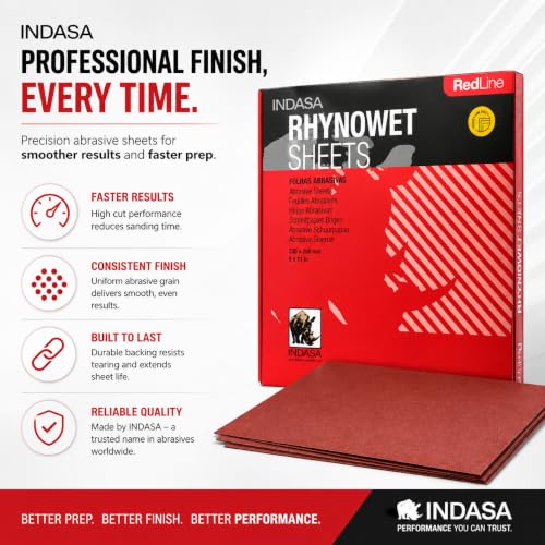 INDASA Rhynowet Red Line Wet Dry Sanding Sheets 9 x 11 Inch 400 Grit Waterproof Latex Backing Abrasive Paper for Wood Metal Automotive Surface Prep Pack of 50 - size: 400-Grit 9"x11"