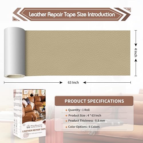 KING MOUNTAIN Leather Repair Patch,4 x 63 Inches self Adhesive Leather Repair Tape for Damaged Leather Furniture, Sofa Seating,Car Seats, Leather Goods（Medium Beige） - color: Medium Beige, size: 4" x 63"