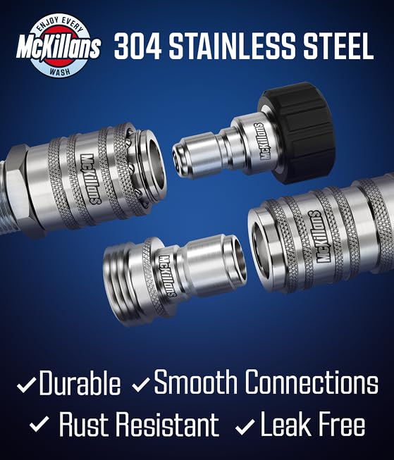 McKillans® 2025 Automatic M22-14mm Pressure Washer Quick Connect Kit - M22 to 3/8 Quick Connect Pressure Washer Fittings - Power Washer Accessories - Hose Adapter Set - 8-Piece Kit (Stainless Steel) - color: Automatic Quick Connects