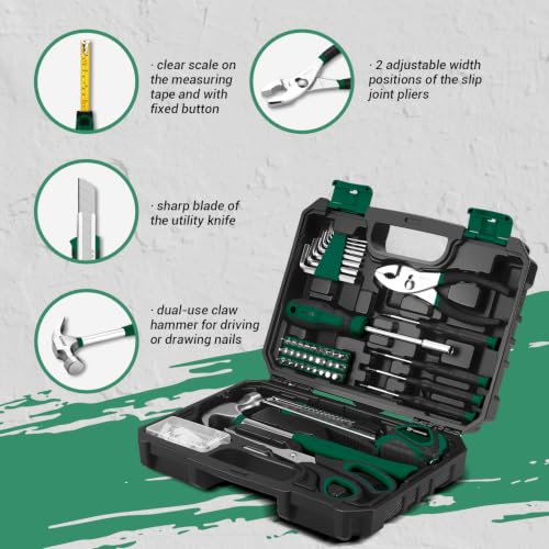 DEKOPRO 50 Piece General Household Hand Tool Kit with Plastic Toolbox Storage Case, All Purpose Home Tool Kit Includes Essential Tools for Office College Repairs - Green - color: Green-50pcs