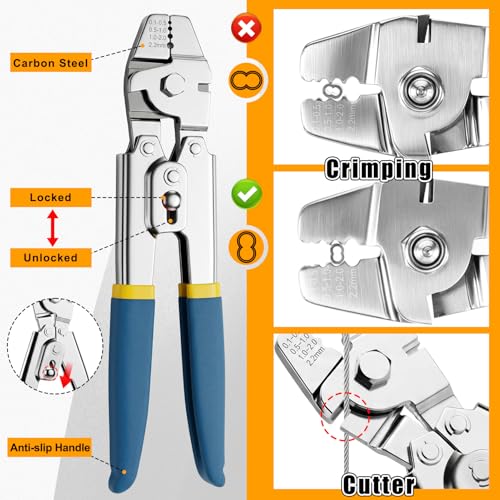 Cyrico 328FT Wire Rope Crimping Tool Kit, 1/16" Stainless Steel Cable with Cutter, Heavy Duty Crimper, 210 PCS Aluminum Crimp Loop Sleeves, 50CS Thimbles, Gloves for Railing, String Lights, Fishing
