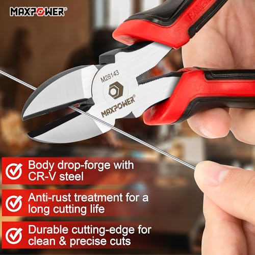 MAXPOWER Diagonal Cutting Pliers, 6-inch & 8-inch Side Cutting Pliers for Cutting Electrical Wire, Cable Ties, DIY Craft, Non-slip and Soft Grip Handle - 2 Pack