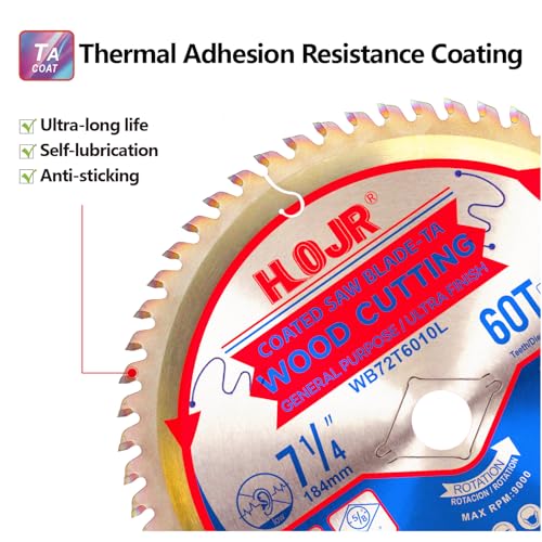 2-Pack 7-1/4" 60-Tooth 5/8" Arbor Woodworking Circular Saw Blade,Ultra Finish/General Purpose,Special Anti-Thermal Adhesion Coating on Cutting Edge-TA,High Finish, Long Life, 7-1/4" 60T 5/8" - size: 2PCS 7-1/4" 60T 5/8"
