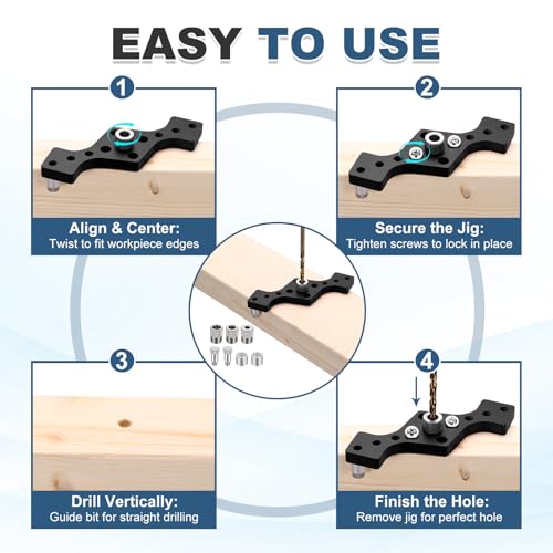 HARFINGTON Floating Shelf Bracket Dowel Jig Kit, Aluminum Alloy Self Centering Straight Punching Hole Drill Guide, DIY Woodworking Tool Doweling Jig for Shelves Cabinet Furniture, Black - color: Black