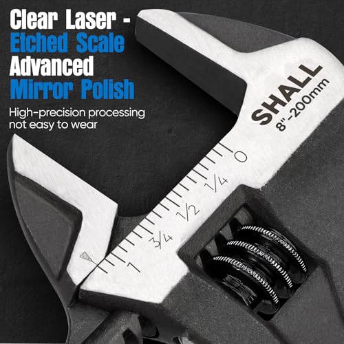 SHALL 8 Inch Adjustable Wrench, Cr-V Steel Spanner with Cushion Grip, Wide Jaw Black Oxide Wrench with Laser-etched SAE Scales for Home, Garage, Workshop and DIY - size: 8 Inch