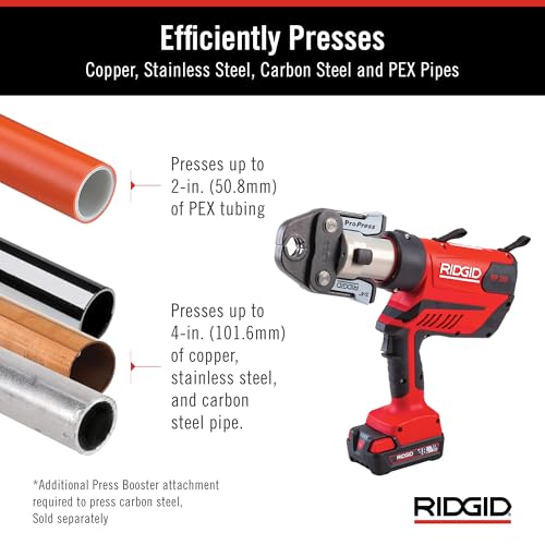 RIDGID 67053 RP 350 ProPress 8-Piece Pressing Tool Kit with 18-Volt Battery, Charger, 4 ProPress Press Tool Jaws (1/2" to 2"), and Case - style: Battery Kit W/ProPress Jaws (1/2" - 2" Jaws Capacity)