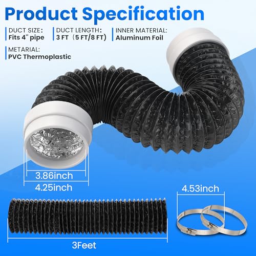3FT Dryer Vent Hose, Heavy Duty 6-Layer Flexible Aluminum Dryer Duct - size: 4inch 3ft