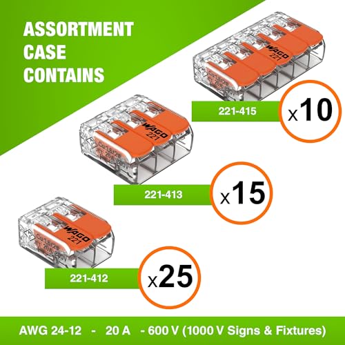 WAGO 221 Series 50pc Compact Splicing Wire Connectors | Includes (25x 221-412) (15x 221-413) (10x 221-415) | WAGO Wire Connectors | Electrical Splicing Lever Nuts | 221 Series Lever Nuts | 2-3-5 Ports - style: NAA221-50