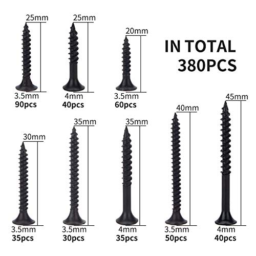 380pcs Drywall Screws Kit, 8 Sizes Wood Screws, Black Steel Drywall Screws Phillips Bugle Head and Black Phosphate Finish Self Tapping Screws Assortment for Wood Drywall Sheetrock