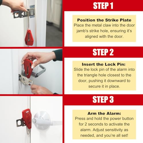 Door Security Bar & Portable Door Lock with Alarm (Black) – High-Grade Iron Door Jammer & 130dB Alarm for Home, Apartment, Hotel & Travel Safety – (Red)