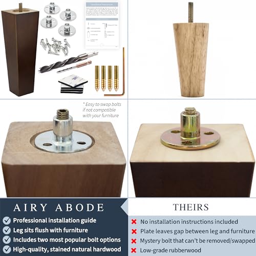 Airy Abode Premium Walnut Square Furniture Legs (Full Install Kit) - Pick Your Size and Color - color: Brown, size: 3 Inches