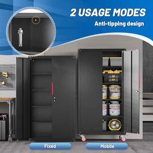 Metal Storage Cabinet with Wheels,71"H Garage Cabinets with 4 Adjustable Shelves + Lockable Door,Heavy-Duty Garage Cabinet and Storage System for Garage,Home Workshop & Office(200 lbs per shelf)