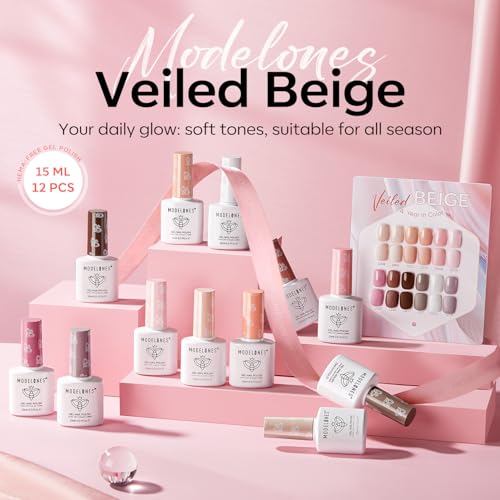 modelones 15ML 12Pcs Gel Nail Polish Set, Nude Pink Beige Brown Hema-free - color: A Veiled Beige