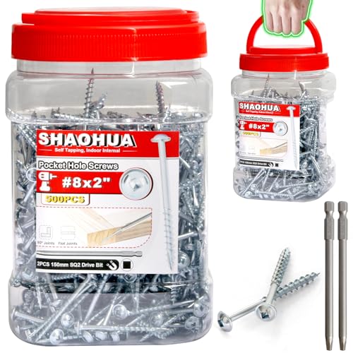 500 Pcs #8 2" Pocket Hole Screws, Coarse Thread for Furniture, Cabinets, Compatible with Kreg Jig, Zinc Plated Pocket Screws for Indoor Use, Portable Handheld Box w/ SQ2 Square Drive Bit - size: B. #8 2"