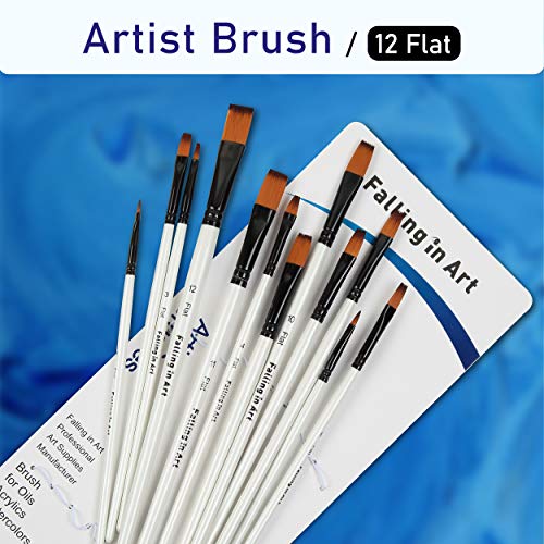 Falling in Art 12 PCS Professional Flat Paint Brushes Set - size: 12 Pcs Flat Nylon